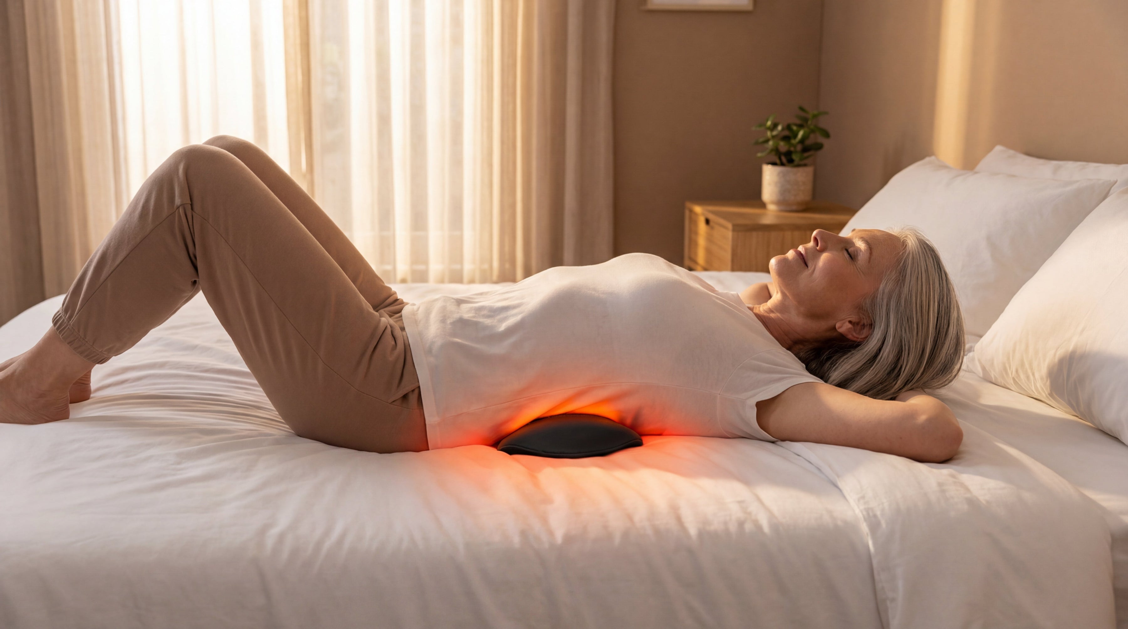 Woman lying on a bed using a massage device on her lower back in a bedroom setting.